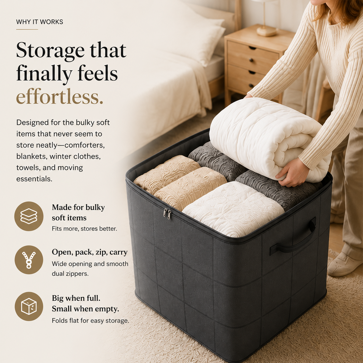 Spacious Moving Storage Bin, Zippered Organizer for Quilts & Clothes📦