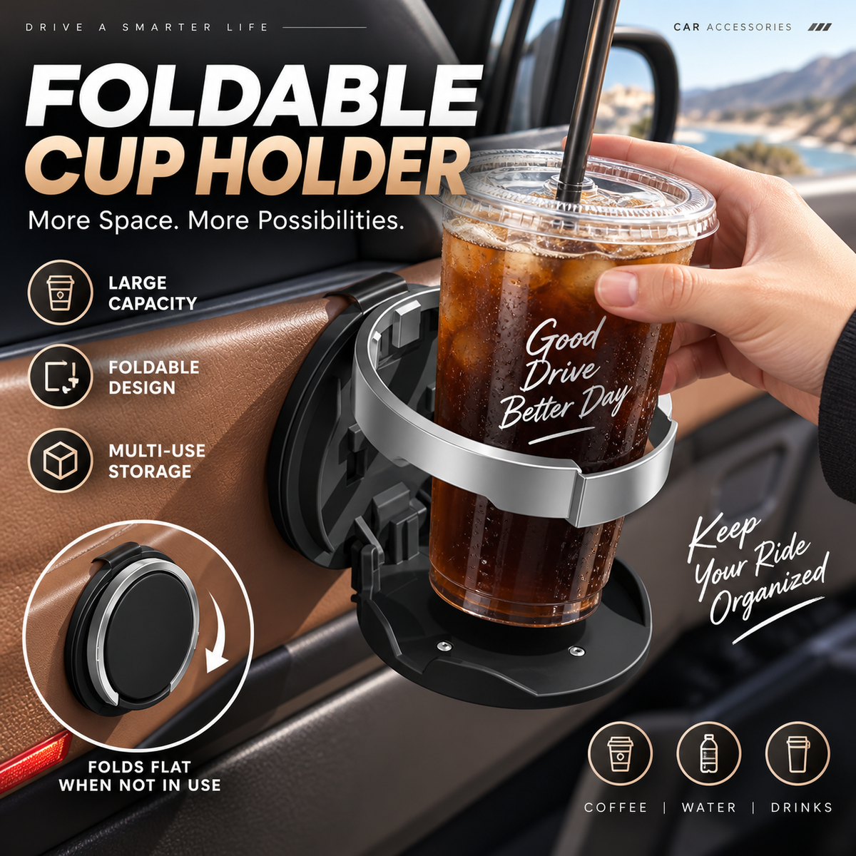 Multifunctional Foldable Car Door Cup Holder Large Diameter Drink and Water Bottle Storage Rack🚗🥤